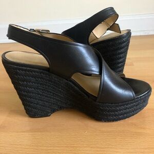 Michael Kors Black Leather Crisscross Wedge Sandals with Gold Buckle